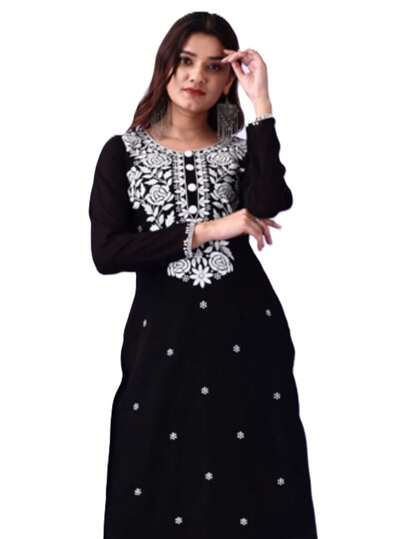 Estationeryhouse Women's Georgette Lucknowi Chikankari Kurti, Rose Design With Heavy Embroidery, Without Bottom(Black)