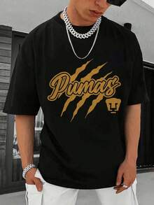 Black T Shirt With Gold Pumas Claw Print Design One piece, men's casual T-shirt, a gift for soccer enthusiasts, 3 colors available 100% cotton, soft and comfortable, for casual and sports wear, suitable for daily wear, pairs well with men's jeans. 2025 gifts for men, men's T-shirts, men's shirts, men's sweatshirts - Negro - Ver 2