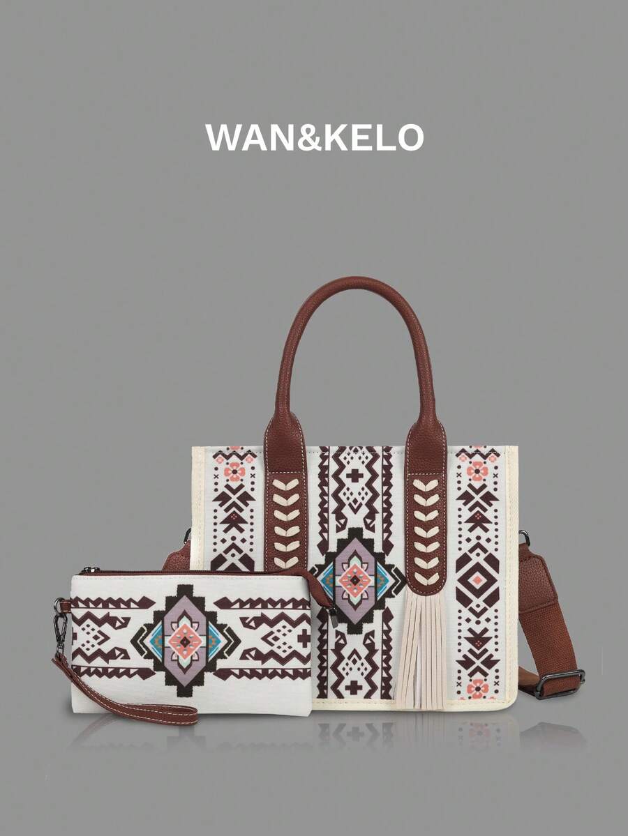 2pcs Bohemian Vintage Set Including Women Tote Bag, Handbag And Wallet