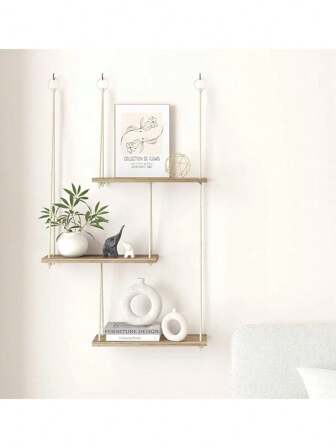 3层编织壁挂棉绳实木浮动壁架波西米亚风格家庭卧室客厅装饰