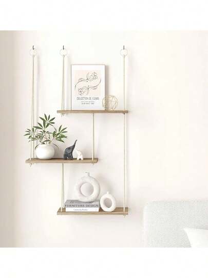 3 Layers Woven Wall Hanging Cotton Rope Solid Wood Floating Wall Shelf Bohemian Style Family Bedroom Living Room Decoration