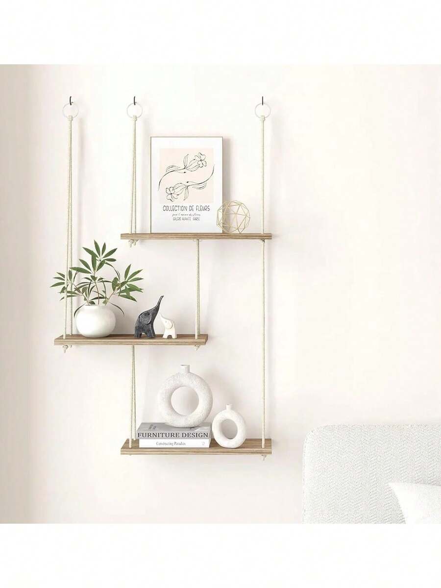 3-Tier Woven Macrame Wall Hanging With Wooden Floating Shelf, Boho Style Home Decor For Bedroom And Living Room - 1set - View 1