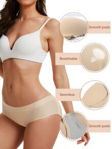 JUQDNX Solid Scallop Trim Shaping Panties, Simple Butt Lifting With Pads Breathable Panties, Women'S Underwear & Shapewear - 杏色 - 查看 3