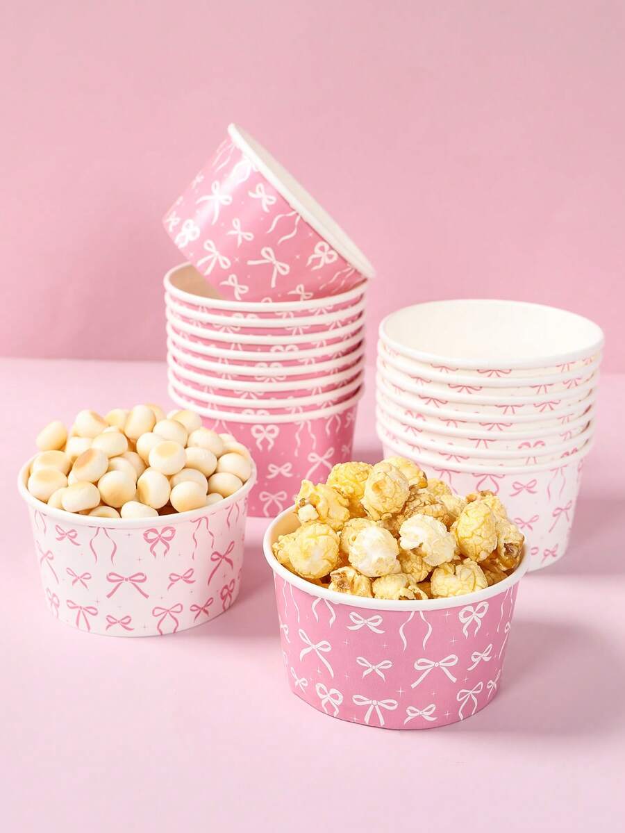10pcs 8oz White Disposable Paper Bowls, Ice Cream Cups, Popcorn Boxes, Food Containers With Bow Print, Suitable For Home Kitchen, Restaurant Takeout, Picnic, Party, Kitchen Supplies, Food Packaging, White Background With Bow Print, Birthday Party Tableware, Food Delivery And Daily Use, Food Trays, Disposable Dinnerware - White Background With Full Bow - View 1