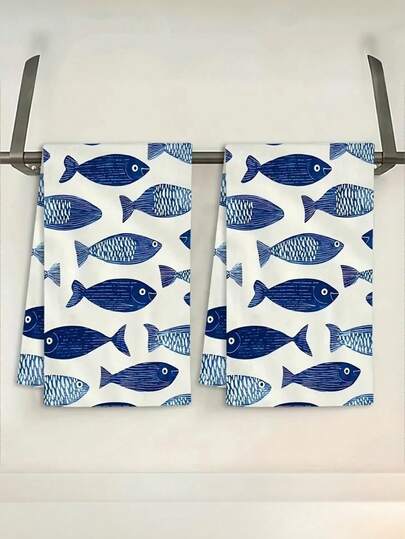 1/2/4pcs Kitchen Towels, Highly Absorbent, Polyester Material, Blue & White Fish Pattern, Ideal For Holiday Farmhouse Kitchen And Bathroom Decor, Autumn Decor, Room Decor
