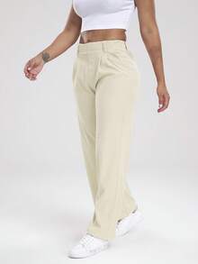 Women's High-Waisted Wide Leg Pants - Stretchy Non-Transparent Office & Casual Trousers With Elastic Waist, All-Season Business Slacks For Women Elegant Pants For Work, Gym, Casual Attire, High Waisted Pants, Gym Attire, Waffle Texture, Breathable Material, Stylish Bottoms - 米色 - 查看 3