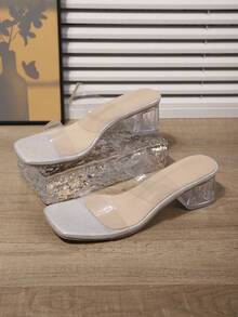 Plus Size Women's Transparent Strap Crystal High Heel Sandals, Fashionable Open Toe Chunky Heel Dress Shoes For Party, Beach, Comfortable Non-Slip Mid Heels - Silver - View 6
