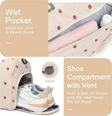 BLUBOON Bolsa de lona para niñas y niños, bonita bolsa de gimnasio con compartimento para zapatos y separación para objetos húmedos, impermeable, para deportes durante la noche - Pana de fresa - Ver 7