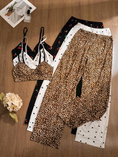 3 pezzi/set Intimo da donna con stampe leopardate, a cuore e a ciliegie, comodo