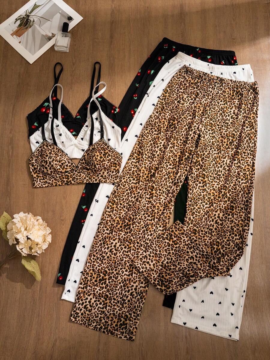 3pcs/Set Women Leopard, Heart, Cherry Print Comfortable Lingerie Set - Multicolor - View 1