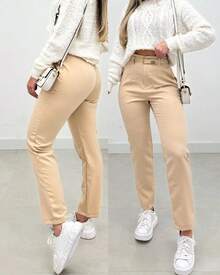 Tailored Trousers With Simple Lined Belt - 米色 - 查看 3