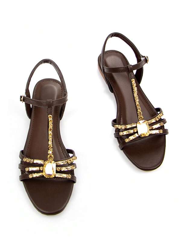 Women's Elegant Rhinestone Dragonfly Chain Decor Thin Strap Chocolate Brown PU Material Fashion Comfortable Round Toe Slip-On Flat Sandals, Suitable For Daily Wear And Party