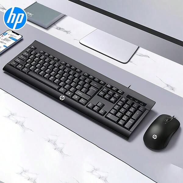 HP Conjunto de teclado e mouse KM100 com fio trançado e durável, com teclas cor chocolate para acionamento rápido e mouse gamer ergonômico para rastreamento preciso. Antienrolamento e antiinterferência, confortável para trabalho de escritório e jogos. Preto
