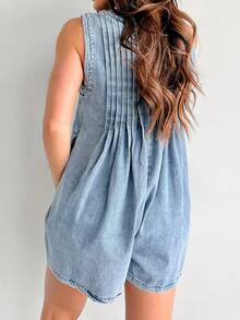Women's Demin Tank Top Jumpsuit Loose Pleated Tie Front V Neck Sleeveless Shorts Romper With Pockets For Summer - 天藍色 - 查看 2