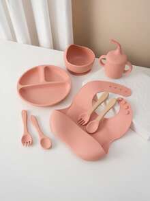 8PCS Print On Demand Custom Name Pattern Baby Silicone Tableware Set Personalized Customization Sucker Bowl Plate Leakproof Baby Cup Baby Bib Soft Spoons Forks,Halloween Edit,Back To School Fashion,Christmas Gift - Multicolor - View 20