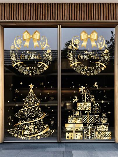 1PC/2PCS Golden Christmas Wreath Gift Christmas Tree, Decorative Stickers For Easy Arrangement And Removal, Home Door And Window Shopping Mall Decoration Room Decor Wall Decor Wall Stickers Wall Sticker Home Decor Christmas Decorations