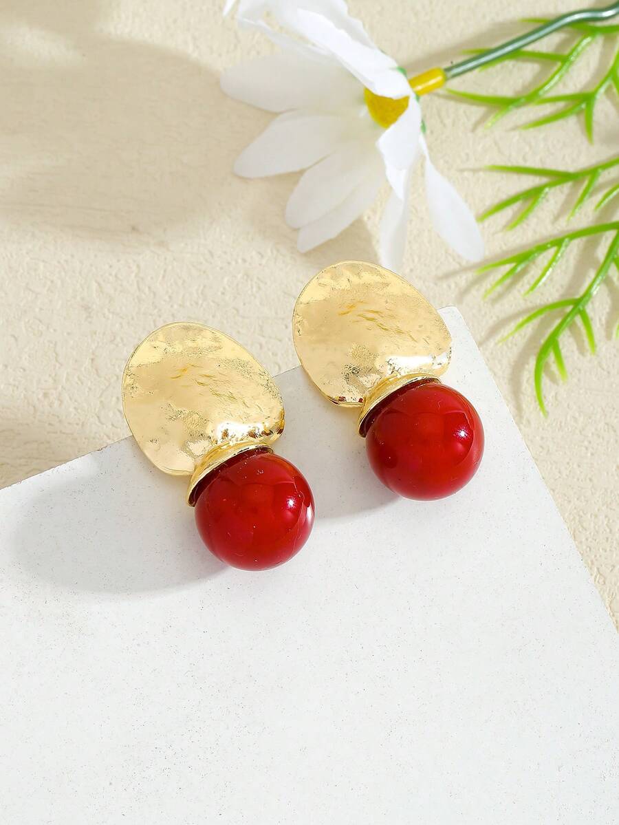 1 Pair Compact & Elegant Ball Shaped Earrings, Metal Textured Colorful Ball Pendant Earrings, Suitable For Women's Daily Wear, Vacation, Fashion Versatile, Great Gift For Friends And Family