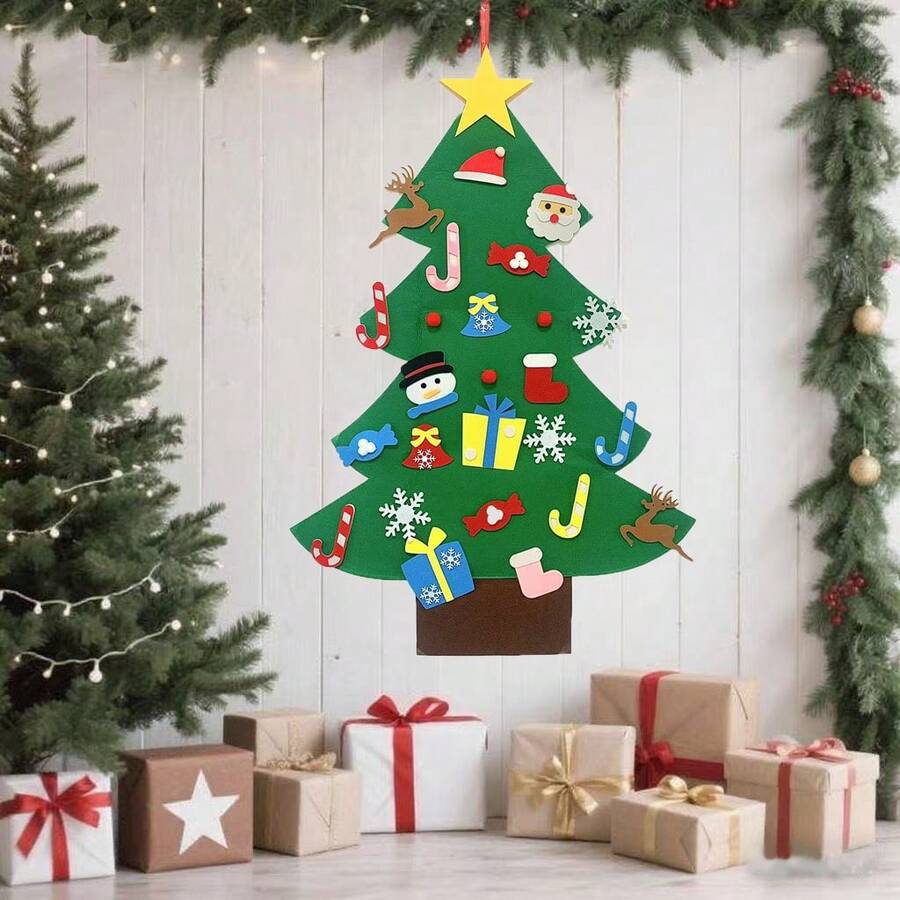 DIY Felt Christmas Tree Set With Ornaments For Xmas Gifts, New Year Door Wall Hanging Decorations