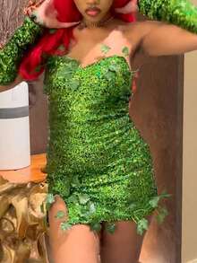 Deluxe Green Ivy Costume For Women, Sleeveless Fake Leaves Sequin Dress With Gloves Set - 綠色 - 查看 3