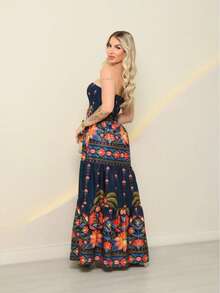 steve store moda feminina  vestido longo  elastex com forrado Estampa total  Floral    Nó  Franzido    Praia  Férias - azul marinho - Visão 3