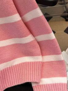 秋冬新款拉链女条纹针织毛衣，时尚简约套头衫，百搭 - 粉色 - 查看 7