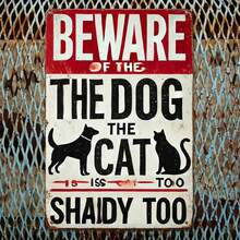 2D Flat, Integrated, 2D Flat, 8x 12inch Interesting Dog Warning Metal Sign - Beware Of Dogs And Sneaky Cats Sign, Suitable For Yard Fence Outdoor Decoration Gift Christmas Decoration, Perfect For Room Decoration
