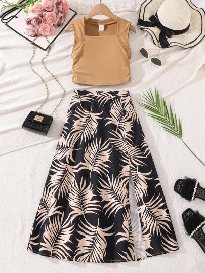 Left Mama Conjunto de 2 piezas de top corto plisado sin mangas y falda con estampado vintage y abertura en el bajo para niñas, para verano