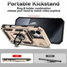 360 度旋转环支架镜头保护手机壳，防摔防震手机壳兼容 11/12/13/14/15/16 Pro Max、Galaxy S22/23/24/25+ Ultra、A04/A05/A14/A15/A24/A25/A34/A54/A56/A36/A26 防水防刮 - 金色 - 查看 4