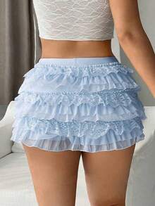 Women Lolita Bloomers Cute Bow Front Layered Ruffle Shorts Lace Pumpkin Tiered Mesh Micro Pants Boyshorts Layered Boy Bottoms Y2k Sweet Pettipants Elastic Boxer Briefs - 淺藍色 - 查看 5