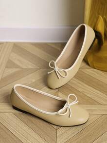 European & American Fashion Solid Color Ballet Bowknot Flat Shoes, Outdoor Spring/Autumn Ladies Flat Slip-On Soft Leather Soft Sole Shoes