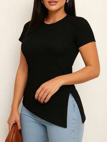 Women's Ribbed Blouse With Asymmetrical Short Sleeves And Slit - Black - View 1