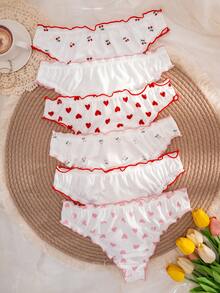 6条装女士纯色、心形、樱桃色、蝴蝶结装饰舒适棉质内裤 - 白色 - 查看 2