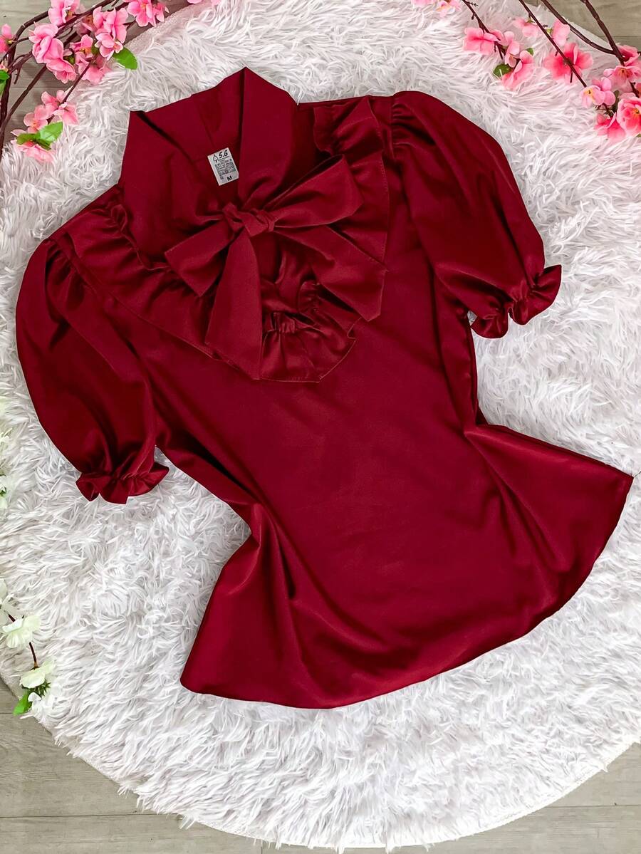 SHORT SLEEVE PUFFED DRESS TOP WITH RUFFLE AND BOW, WOMEN'S FASHION - Burgundy - View 1