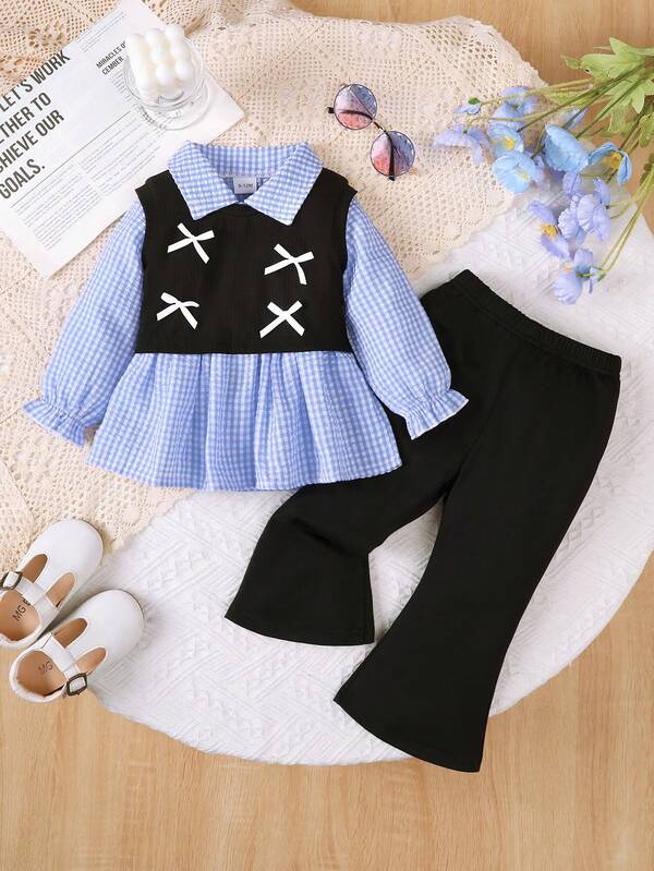 3pcs/Set Baby Girls Toddler Plaid Long Sleeve Collared Shirt With Vest Jacket And Flare Pants Casual Outfit, Suitable For Daily Casual And Outdoor Wear, Summer
