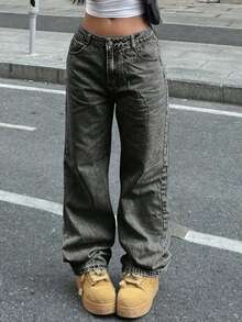 Girl's Casual High Waist Straight Leg Versatile Jeans, Suitable For Outings - Black - View 3