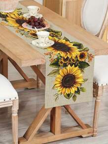 1 buc. Față de masă rustică cu model de floarea-soarelui - Design floral galben vibrant pe fundal bej, Material textil din poliester, Perfect pentru mese de sufragerie, măsuțe de cafea și decor pentru casă, Utilizare în toate anotimpurile, Decor de bucătărie cu model de floarea-soarelui (13x35.4/47.2/63/72/78.7 inci), Decor de toamnă, Decor de toamnă, Decor de cameră