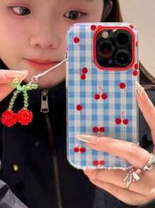 1pc Minimalist Plaid Cherry Compatible With IPhone 16 Phone Case, IPhone 15 Pro Max New Model 13 Protective Cover 14/12 Full Coverage 16 Niche With Cherry Pendant Phone Case