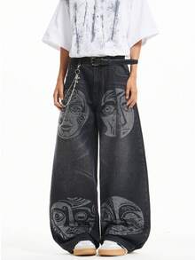 1 pezzo Pantaloni di jeans casual comodi e rilassati con gamba dritta, vestibilità ampia, effetto consumato e decorazioni in strass, stile urban americano per uomo (senza cintura e accessori) - nero - Visualizzare 4