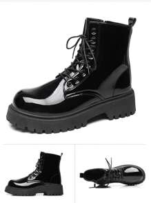 Fashionable Glossy High-Top Men's Ankle Boots, Thick Sole, Anti-Slip, Retro Workwear Boots, Round Toe, Suitable For Outdoor In Winter