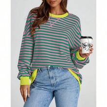 Womens Oversized Striped Sweatshirt Crewneck Long Sleeve Pullover Top Casual Y2K Spring Clothes 2026 Workout Shirt,Vacation Outfits Women,Valentine Outfits For Women,Street Photography - 粉紅綠色 - 查看 6