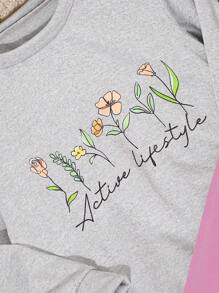 3 件套女童花卉印花圆领长袖 T 恤，儿童休闲上衣，多色，春秋 - 淺灰紫 - 查看 6