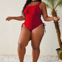 Slaydiva Đồ bơi một mảnh cổ bất đối xứng cỡ lớn cho nữ, mặc thường ngày giúp thon gọn - Đỏ - Xem 4