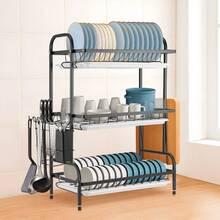 Schwarz Abtropfgestell Geschirr, Geschirrabtropfgestell  3-stufig, Geschirrtrockner mit Utensilienhalter, Messerhalter, Schneidebretthalter & Abtropfschale – Kitchen Organizer