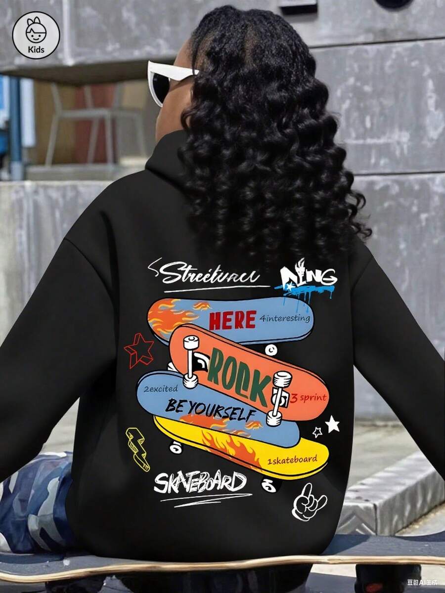sweat-shirt à capuche ample et polyvalent avec imprimé de planche à roulettes, pour filles préadolescentes. Haut manches longues avec bas noir