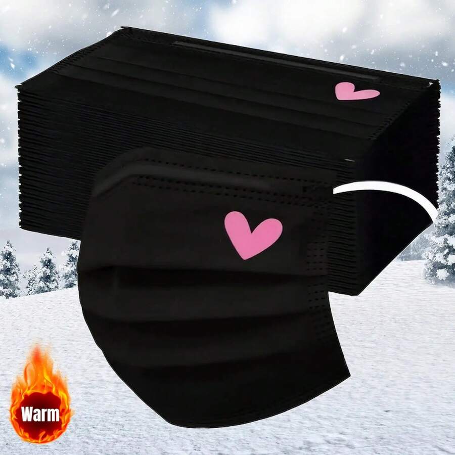10 Packs Of Cute Pink Heart Print Face Masks - Elastic Breathable Black Masks For Women And Teenagers, Hand Wash Design, Fashionable Daily Accessories, Fun Style, Comfortable To Wear - 10 miếng - Xem 1