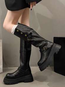 西部风格搭扣假日复古英伦厚跟高筒女靴，2025秋冬新款，修身骑马靴，派对靴 - 黑色 - 查看 6