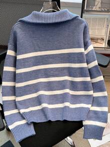 秋冬女士条纹立领套头衫高端简约时尚毛衣、长袖上衣 - 霧霾藍 - 查看 2