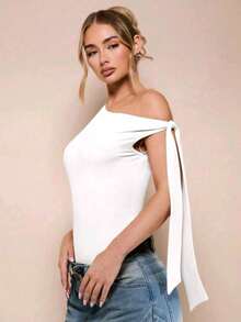 Women's Bodysuit With Tie Bow And Asymmetrical Neckline, Sleeveless, Ideal For Romantic Dates, Casual, Vacation And Summer - 白色 - 查看 6