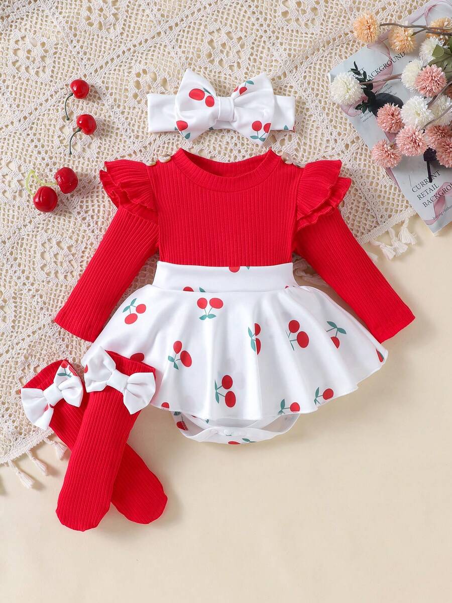 1 bộ đồ liền thân dài tay có gân dễ thương cho bé gái sơ sinh/trẻ mới biết đi, nhẹ cho mùa xuân/thu - Đỏ - Xem 1