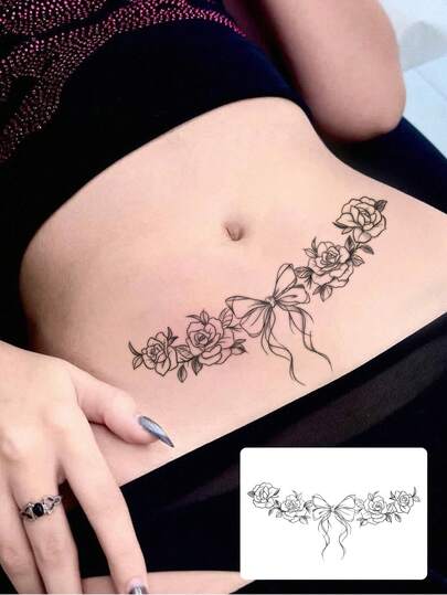 1pc Washable, Waterproof, Sweat-Proof, Non-Reflective Temporary Tattoo Sticker With Succubus, Floral, Bow Design, Suitable For Waist, Abdomen, Shoulder, Y2K Style, Suitable For People Daily Use